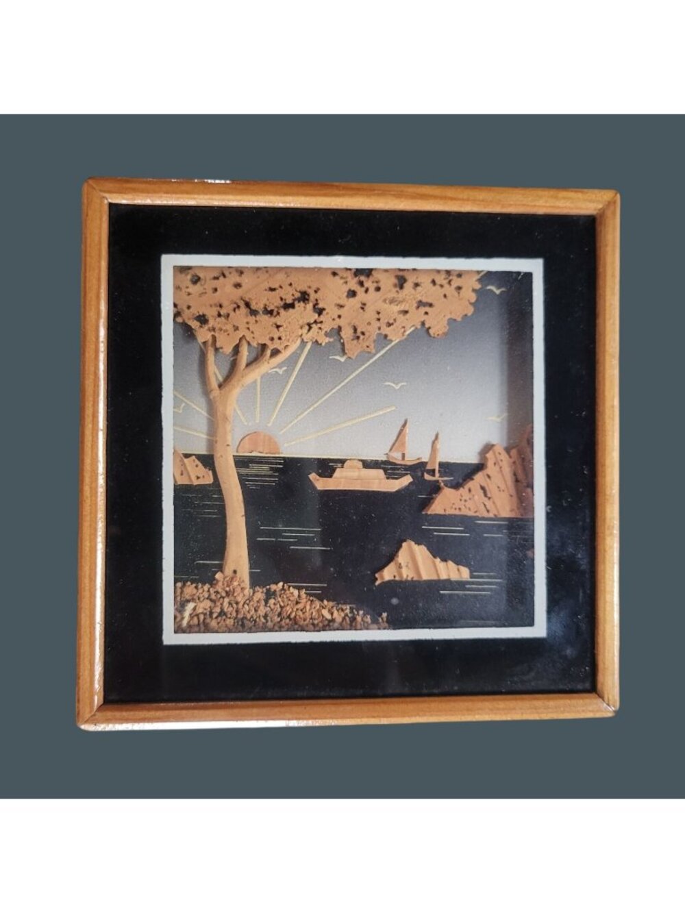 Mixed Media Art Cut Wood & Cork Seascape 5" x 5" Hanging Decor